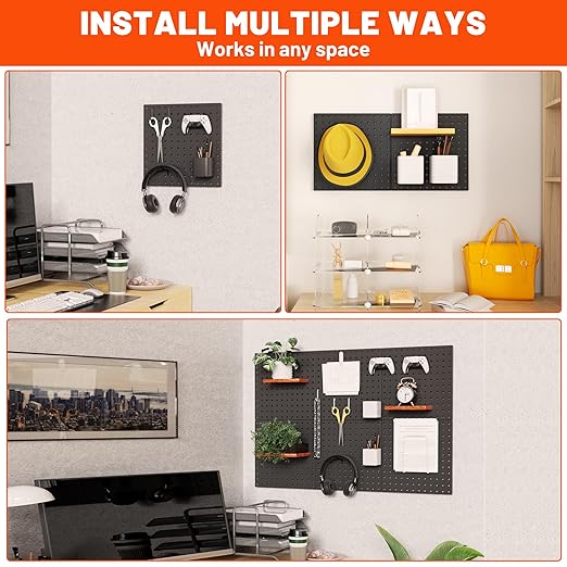 ValueMax 4 Pack Metal Pegboard Panels, 12”x 12” Heavy Duty Metal Pegboard Wall Organizer for Home, Garage, Workbench, Kitchen, Craft Room Tool Storage, Black Modular Peg Board Organizer Board