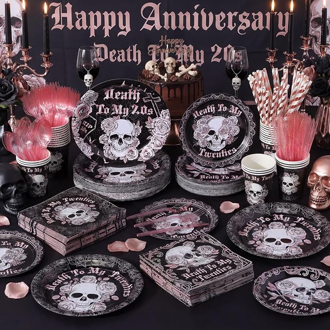 450 Pcs Death to My 20s Tableware Set Rose Gold Black 30th Birthday Party - Image 6