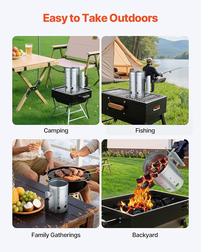 VEVOR Charcoal Chimney Starter, 4 lbs Large Capacity Coal Fireplace, Heavy Duty BBQ Steel Chimney Starter for Charcoal Grill and Barbecues, Compact On-The-Go Carbon Lighter and BBQ Grill Tool, Silver