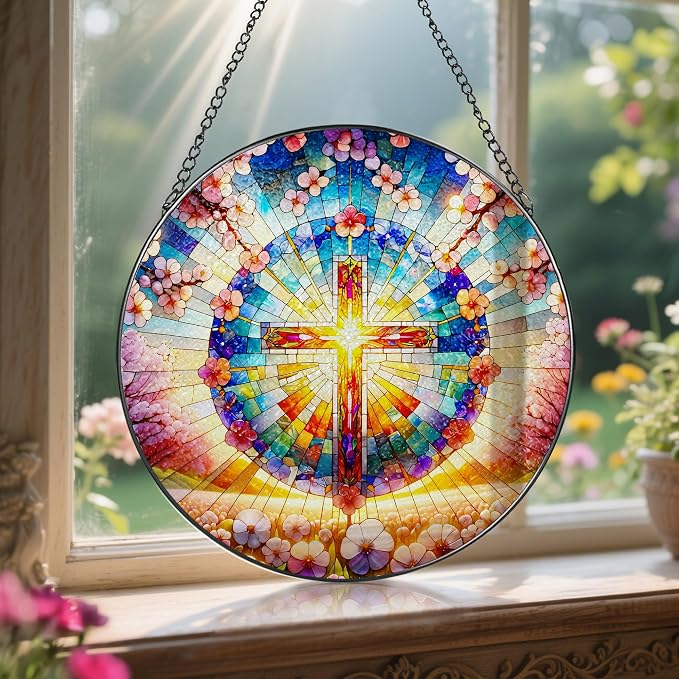8 Inches Cross Stained Glass Suncatcher, Stained Glass Window Hanging, - Image 5
