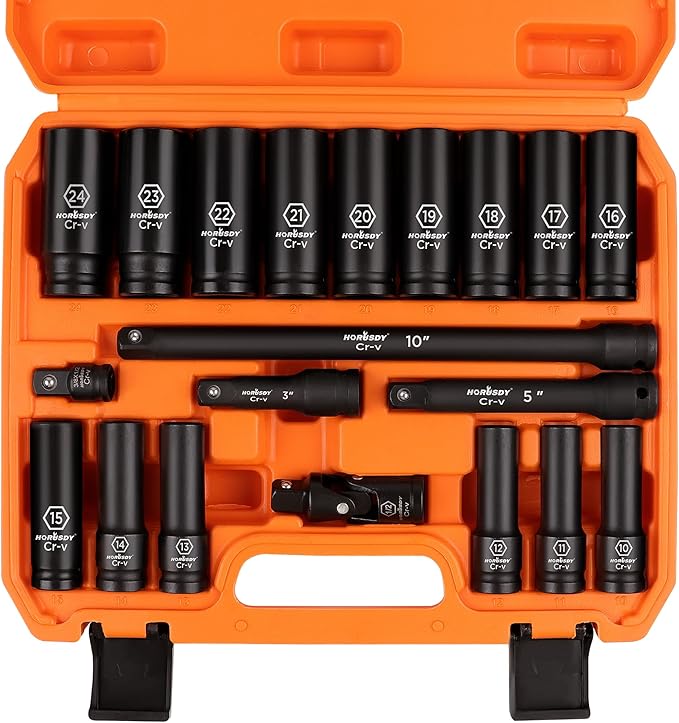 HORUSDY 1/2" Drive Impact Socket Set, 20 Pcs Metric (10mm - 24mm) Deep Socket Set, 6 Point, Cr-V, Includes 1/2-Inch Drive Ratchet Handle, Extension Bar, Universal Joint and Adapter
