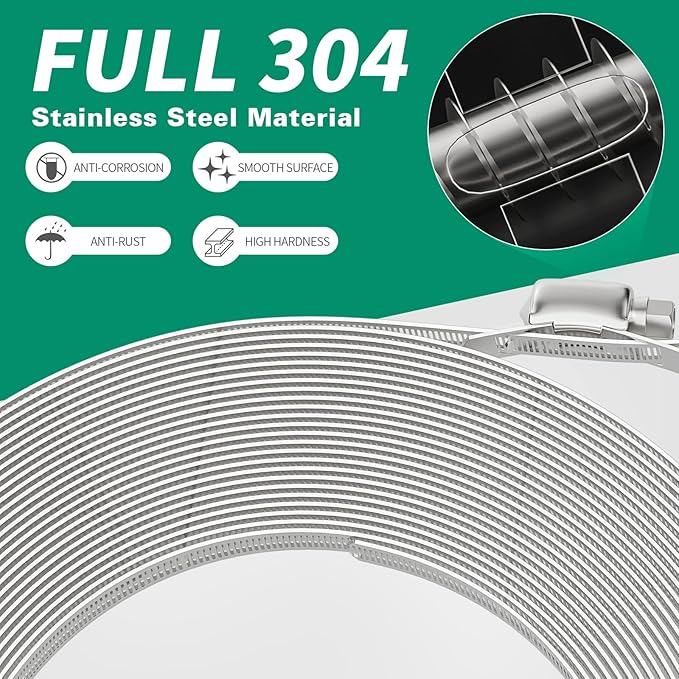10FT Hose Clamps,304 Stainless Steel Hose Clamp Assortment Kit DIY Metal Strapping with Holes+8 Fasteners,Adjustable Worm Gear Large Hose Clamps Metal Band Screw Clamp Straps for Pipe,Duct,Tube