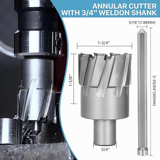 KEENTECH Carbide-Tipped Annular Cutter, 1-3/4" Diameter x 1-3/8" Depth, 3/4" Weldon Shank (2 Flat), High Speed Cutting TCT Mag Drill Bit with Pilot Pin for Harder Material, Stainless Steel, Cast Iron