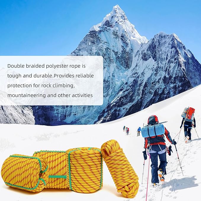 Arborist Rope, 1/2 Inch x 50 Feet Double Braided Climbing Rope Polyester for Outdoor, Climbing, Hiking, Swing, Tree Work, Halyard, Sailing（Yellow）