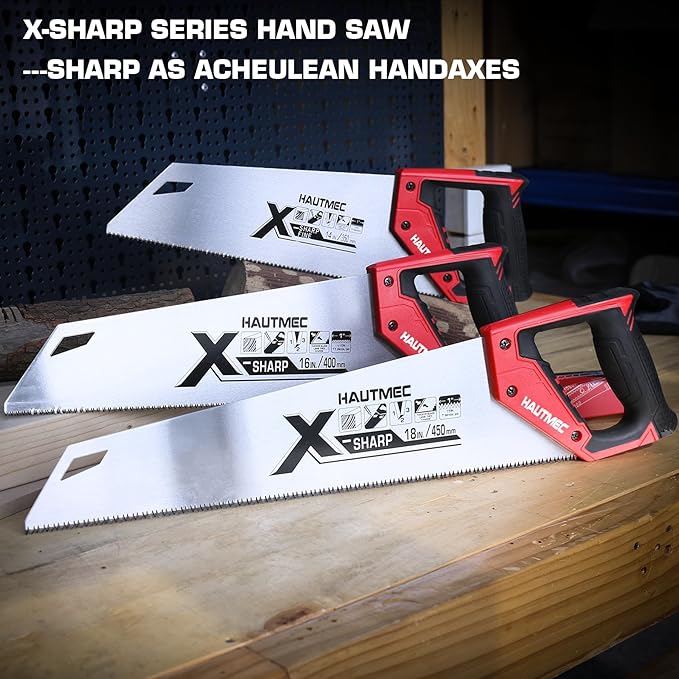 HAUTMEC 18-Inch X-Sharp Pro Hand Saw, Long Wood Saw with 7 TPI Triple Ground Teeth, Thick Blade & Ergonomic Handle, Universal Handsaw for Wood, PVC, Plastic & Trimming – HT0151