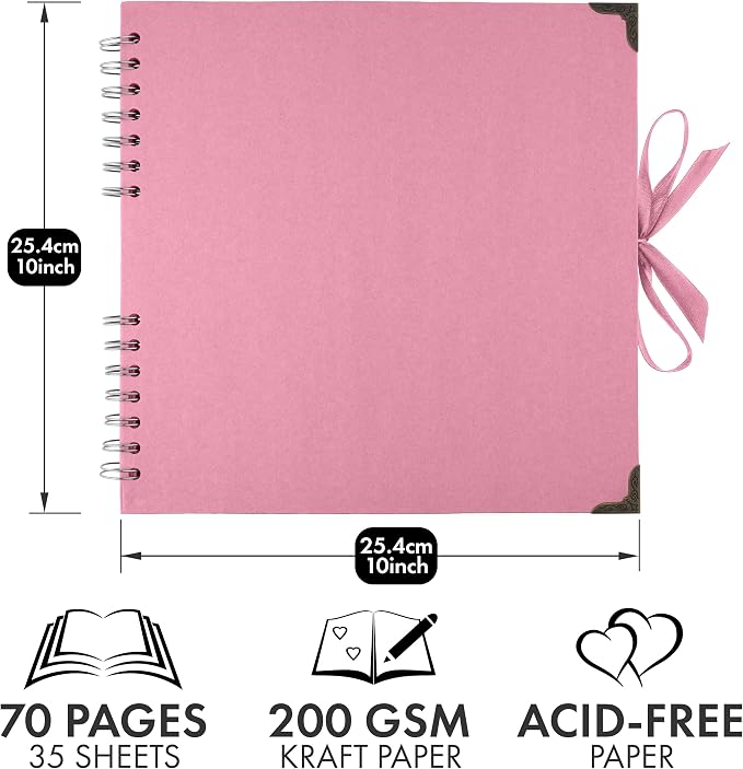 Bstorify 10 x 10 Inches Scrapbook Album 70 Pages Pink Thick Kraft Paper Corner - Image 2