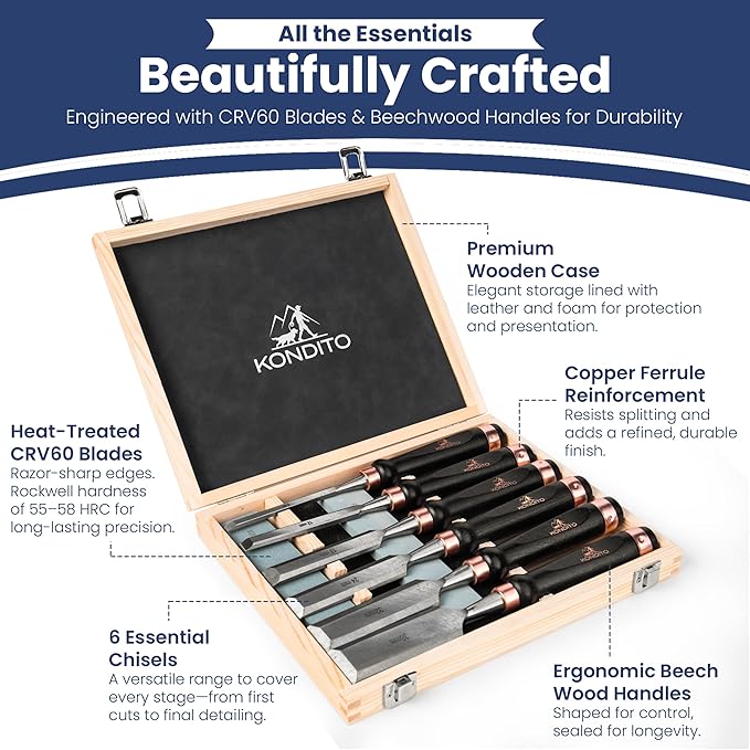 KONDITO Wood Chisel Set – 8-Piece Premium Woodworking Chisel Kit with 6 CRV60 Steel Blades (6–38mm), 2 Sharpening Stones & Hardwood Case – Wood Carving Chisels for Joinery, Sculpting & Carpentry Tools