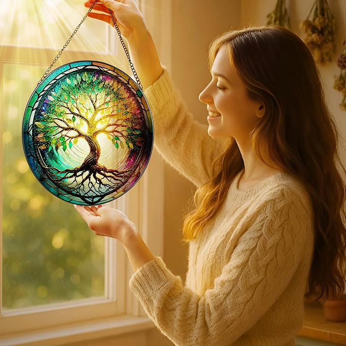 Stained Glass Window Hanging, LAOWEIKI 8'' Tree of Life Suncatcher, Stained - Image 2