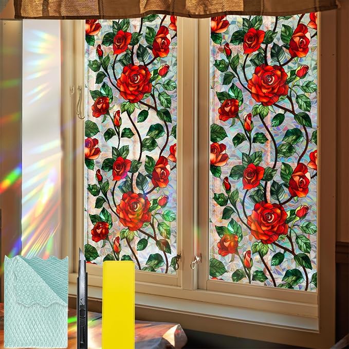 Bloss Rose Stained Glass Windows Film, 29.5x78.7inch 3D Flower Privacy Window by Bloss