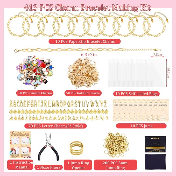 Wurosi 413 Pieces Gold Paperclip Charm Bracelet Making Kit, Including Paperclip - Image 2