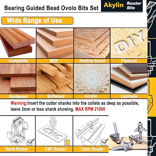 4Pcs Bearing Guided Bead Ovolo Bit Set,1/4" Shank Decorative Edge Bits with Double Round,Rounding Over Radius 3.2mm, 4mm, 5.5mm, 6.35mm, for Wood Profiling,Molding