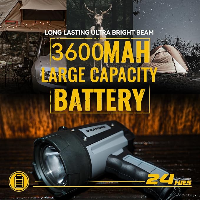 Durapower Rechargeable Spotlight, IP68 Waterproof Super Bright Handheld Spotlight, High Lumen LED Portable Spot Flashlight for Marine Boat Hunting Camping