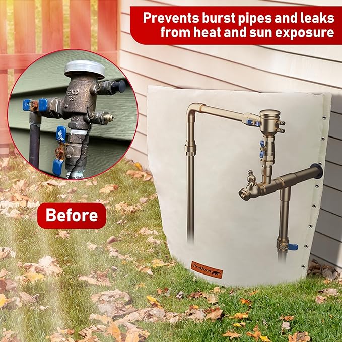 Redford Supply Co. Cold Snap (5°F) Backflow Preventer Insulation Cover, 3-Way Custom, 14"W x 18"H, Pipe Insulation, Water Sprinkler Covers for Outside, Sprinkler Backflow Cover for Winter (Beige)