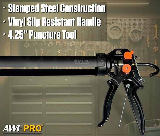 AWF PRO 29 oz Dual Thrust Caulk Gun - 25:1 or 12:1 Thrust Ratio, Dripless, Rotating Barrel, Comfort Grip, with Built-In Puncture Tool