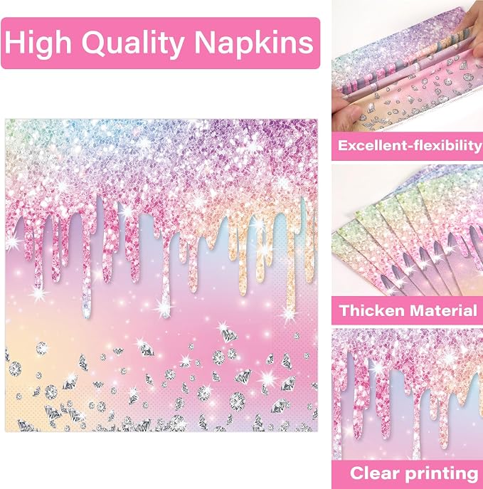 100PCS Iridescent Diamond Birthday Party Plates Napkins Forks Supplies Set - Image 3