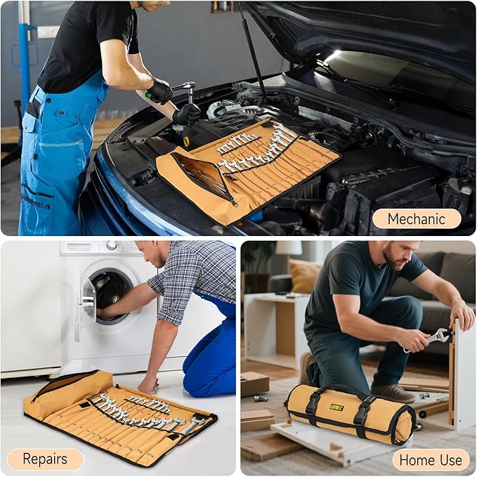 Wrench Roll Organizer (NOT for Ratcheting Wrench),Wrench Roll Up Pouch with 23+1 Pockets,Heavy Duty Tool Roll for Metric & SAE Wrenches,Large Wrench Holder Organizer Bag for Men,Mechanics(Brown)