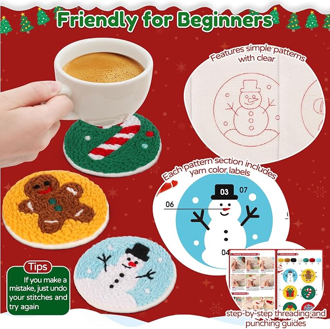 Sukhumvit 6PCS Christmas Punch Needle Coaster Kit, Beginners Punch Needle Set - Image 3