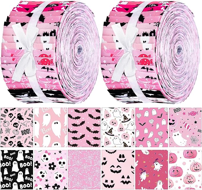Hosuly 40 Pcs Pink Halloween Fabric Patchwork Roll Halloween Pumpkin Ghost by Hosuly