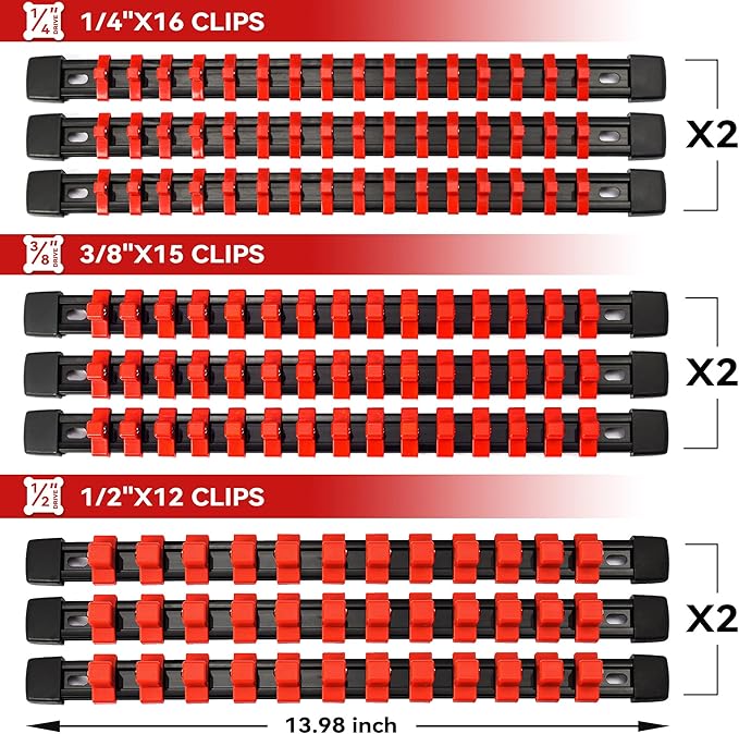 ALOANES 18 PC ABS Socket Organizer, 1/2", 3/8", & 1/4" Drive Racks, Heavy Duty Socket Holders with Red Clips