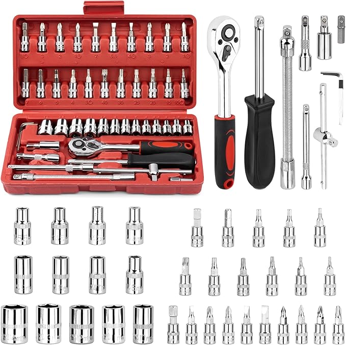 Socket Set, 46 PCS 1/4 Inch Drive Socket Wrench Set, Ratchet Wreches Set with Bit Socket Set Metric & Extension Bar for Auto Repairing and Household, with Storage case