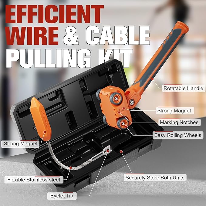 Magnetic Wire Puller for Electrical Wiring – Rare-Earth Magnets, Stainless-Steel Leader for Easy Cable Pulling in Walls & Tight Spaces, Doubles as Stud Finder, Includes High-Quality Hard Plastic Case