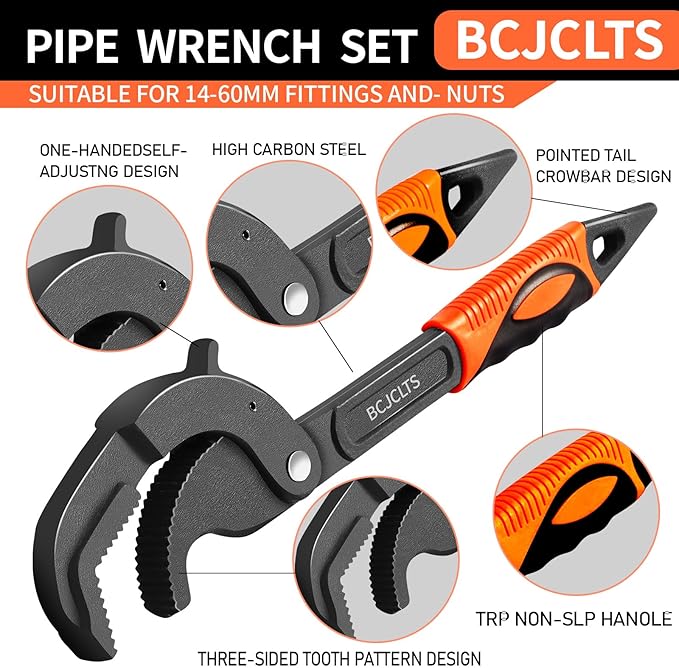 Pipe Wrench Set, 10” and 15” Self Adjusting Wrench 2-Piece Plumbing Tools for 0.55“-2.36”/14-60mm Standard Nuts, Irregular Nuts,Pipes Use