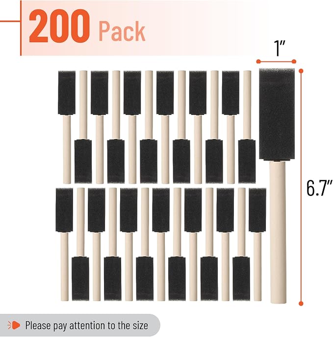 Bates- Foam Paint Brushes, 1 Inch, 200 Pack, Wooden Handle, Sponge Brushes - Image 2