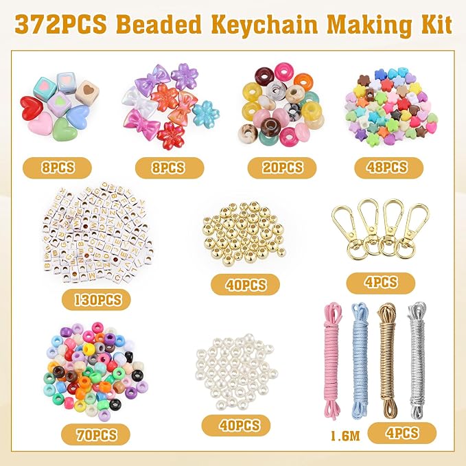 BESARME 372PCS Beaded Keychain Making Kit DIY Keychains Bag Charm Kit Colorful - Image 3