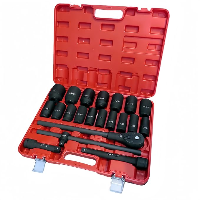 3/4 Inch Drive Impact Socket Set,6 Point,SAE Sizes(3/4" to 2"),21Pcs,Cr-Mo Steel,Includes Adapters and Quick Release Ratchet Wrench,With a Storage Case.