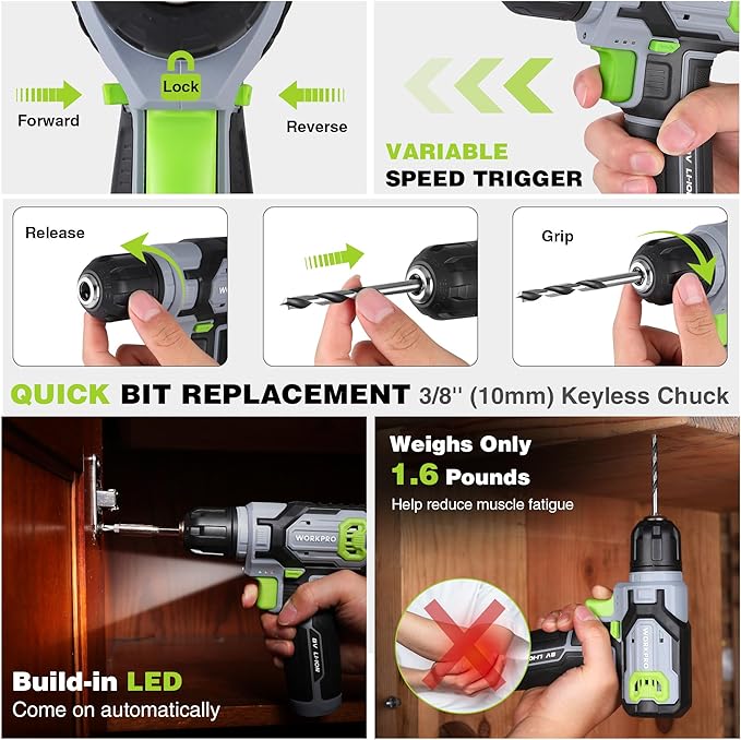 WORKPRO 43PCS Cordless Lithium-ion Drill Driver & Toolbox, 8V 2.0 Ah Power Drill Set with Household Hand Tool Kit, Battery Powered Screwdriver with Stackable Tool Box