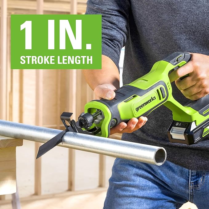 Greenworks 24V Brushless 1" Compact Reciprocating Saw (3,000 SPM), 2.0Ah Battery and Compact Charger Included