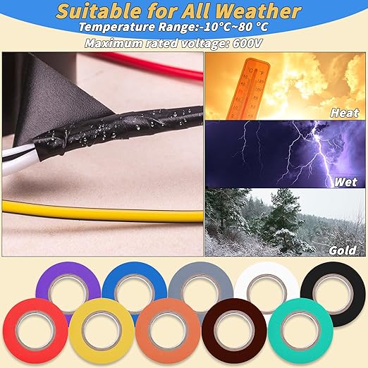 10 Pack Colored Electrical Tape 2 in x 66 ft Waterproof Electrical Insulating Tape High Temperature Resistance Electric Tape Under 600V Home Outdoor Multipurpose Multicolor Vinyl Tape