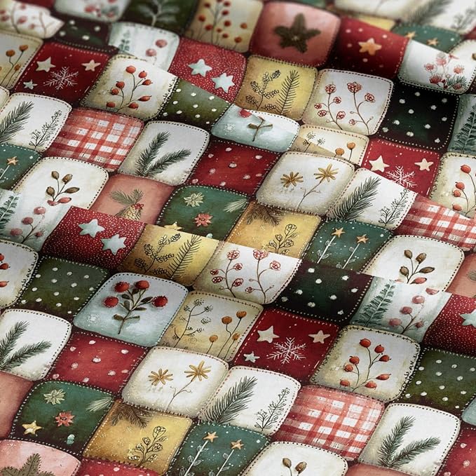 Patchwork Cotton Fabric Panel 61 x 36.6 Inches, Christmas Botanical Squares - Image 7