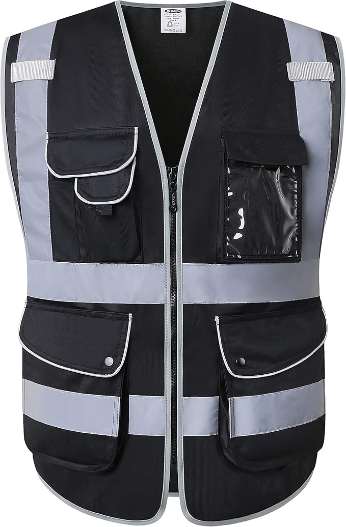 JKSafety 9 Multi-Functional Pockets Zipper Front Safety Vest With Reflective Strips Meet ANSI/ISEA Standards (150-Black, X-Large)