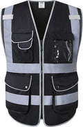 JKSafety 9 Pockets High Visibility Zipper Front Black Safety Vest With Reflective Strips,Meets ANSI/ISEA Standard (5X-Large, 150-Black)