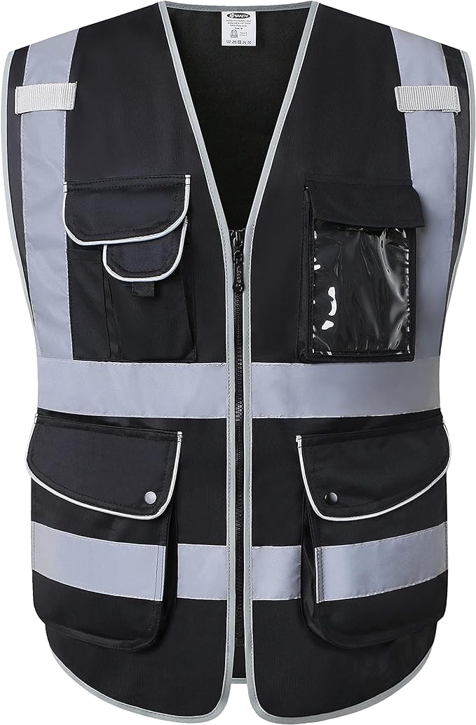 JKSafety 9 Pockets High Visibility Zipper Front Black Safety Vest With Reflective Strips,Meets ANSI/ISEA Standard (5X-Large, 150-Black)