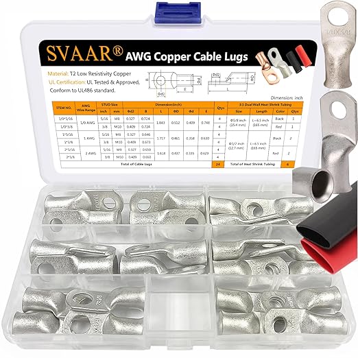 SVAAR 0 Gauge 1 Gauge 2 Gauge Tinned Copper Wire Lugs with 5/16" and 3/8" Stud Ring Terminals Battery Copper Cable Lugs Battery Terminal Connectors Heavy Duty Crimp Cable Ends with 3:1Heat Shrink Tube