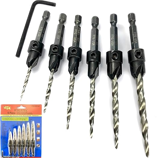FTG USA Adjustable Wood Countersink Drill Bit Set 6 Sizes #4 to #14 Set with Tapered Drill Bits for Woodworking