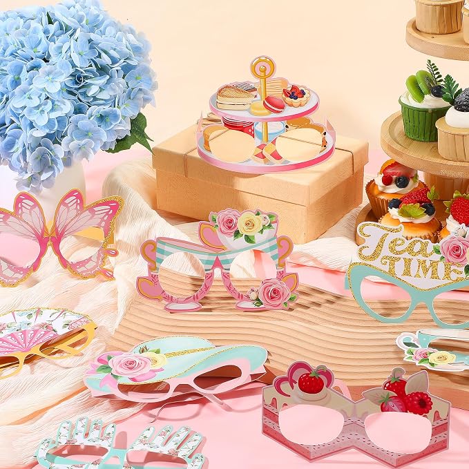 Pajean 32 Pcs Tea Party Decorations Eyeglasses Tea Time Themed Paper Glasses - Image 4