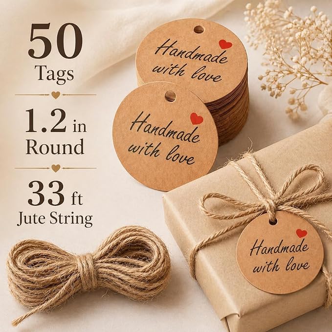 50 Pcs Handmade with Love Tags, Gift Tags with Jute String Small Round Brown - Image 4