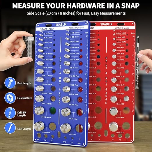 64 Nut and Bolt Thread Checker - 26 Standard and 26 Metric Bolt Checker and 12 Drill Bit Gauges, Bolt Size and Thread Gauge, Bolt Size Finder, Wall-Mountable Bolt and Nut Identifier Gauge