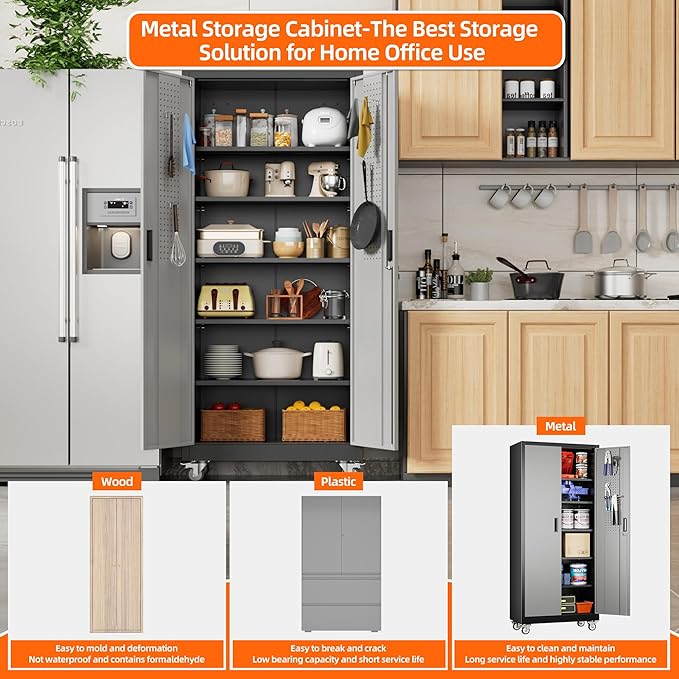 Metal Garage Storage Cabinet with Pegboard, 71''H*32" W*16" D Rolling Tool Cabinets on Wheels with 5 Adjustable Shelves for Garage Home Warehouse Utility Room, Assembly Required,Black and Grey