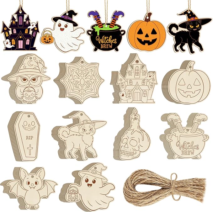 80PCS Wooden Halloween Ornaments to Paint Fall Decorations, 10 Styles DIY Blank by Sophena