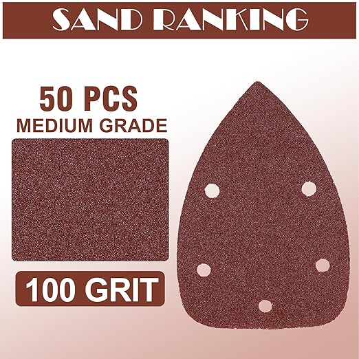 100 Grit Mouse Sander Sandpaper, Jamiikury 5 Hole Detail Sander Sandpaper Palm Sander Paper Mouse Sanding Pads Hook and Loop Sanding Sheets - Pack of 50