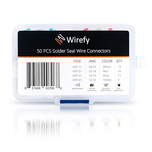 Wirefy 50 PCS Solder Seal Wire Connectors Kit - Heat Shrink Solder Butt Connectors - Resistant Solder Sleeves - Self Soldering Wire Connectors - Set 26-10 AWG