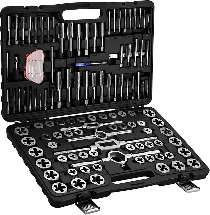 116pcs Tap and Die Set in SAE & Metric Sizes, Standard Tap Set and Die Tool Set for Threading and Rethreading Internal and External Threads, M3-M18 Thread Repair Kit