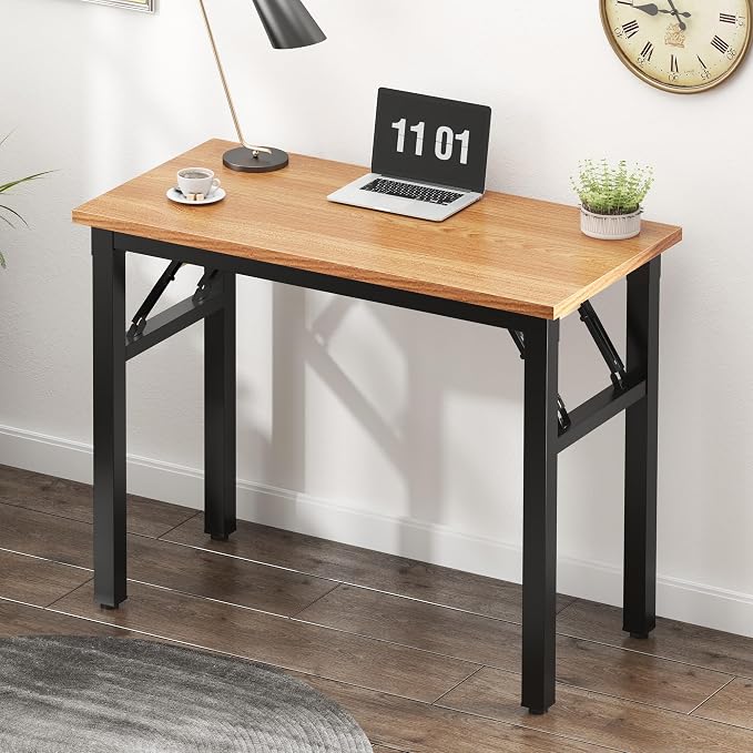 Need Small Folding Computer Desk, 31.5 Inch Writing Table, Teak & Black | - Image 4