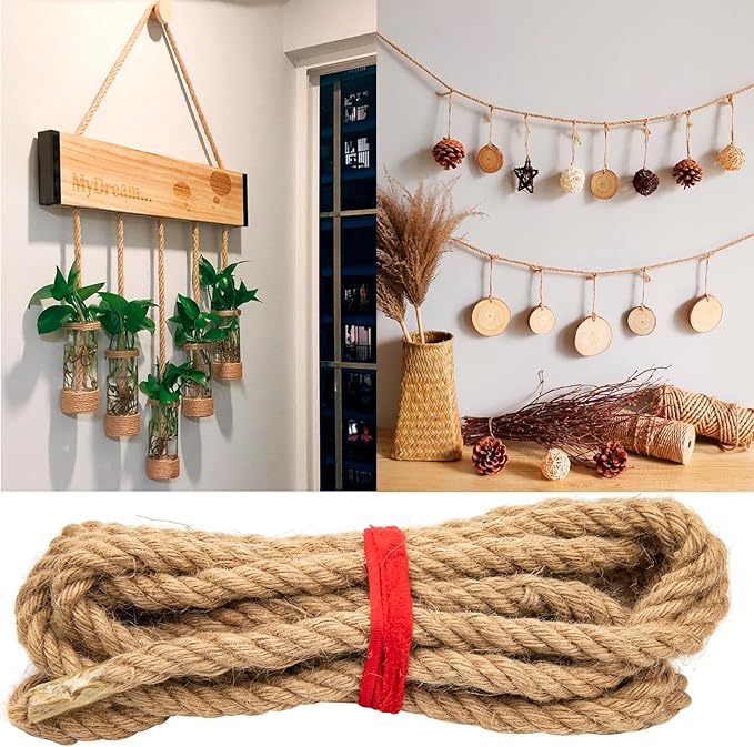 Natural Jute Rope 1/2 inch 20 feet, Twisted Manila Rope Hemp Rope Sisal Rope for Cat Scratching Post, Camping, Crafts, Tug of War, Railings Decorate, Hanging, Hammock, DIY Projects
