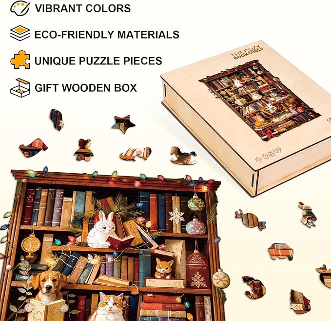 Animal Cozy Bookshelf Puzzles Adults Gifts Wooden 200 Pieces 13.4 * 8.5in - Image 2