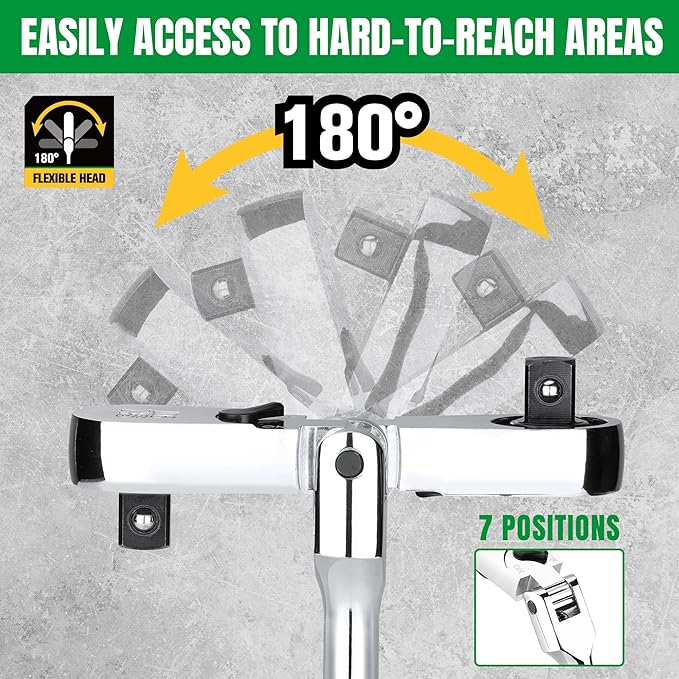 SK 1/4" Drive Flex Head Ratchet Handle, 90-Tooth Ratchet, Premium CR-V Construction, Reversible Design, with Contoured Handle